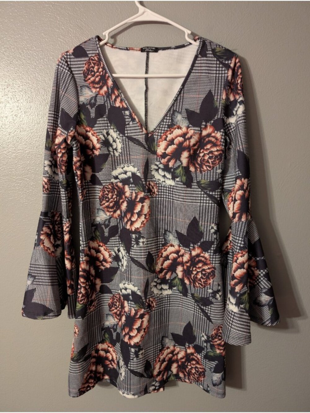 Lanca Perfume Womens Medium Floral Houndstooth Bell Sleeve Shift Mini Dress